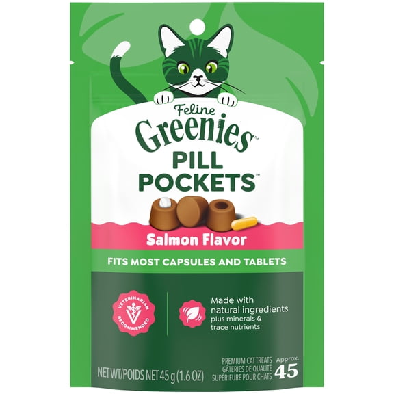 FELINE GREENIES PILL POCKETS Natural Cat Treats, Salmon Flavor, 1.6 oz. Pack (45 Treats)