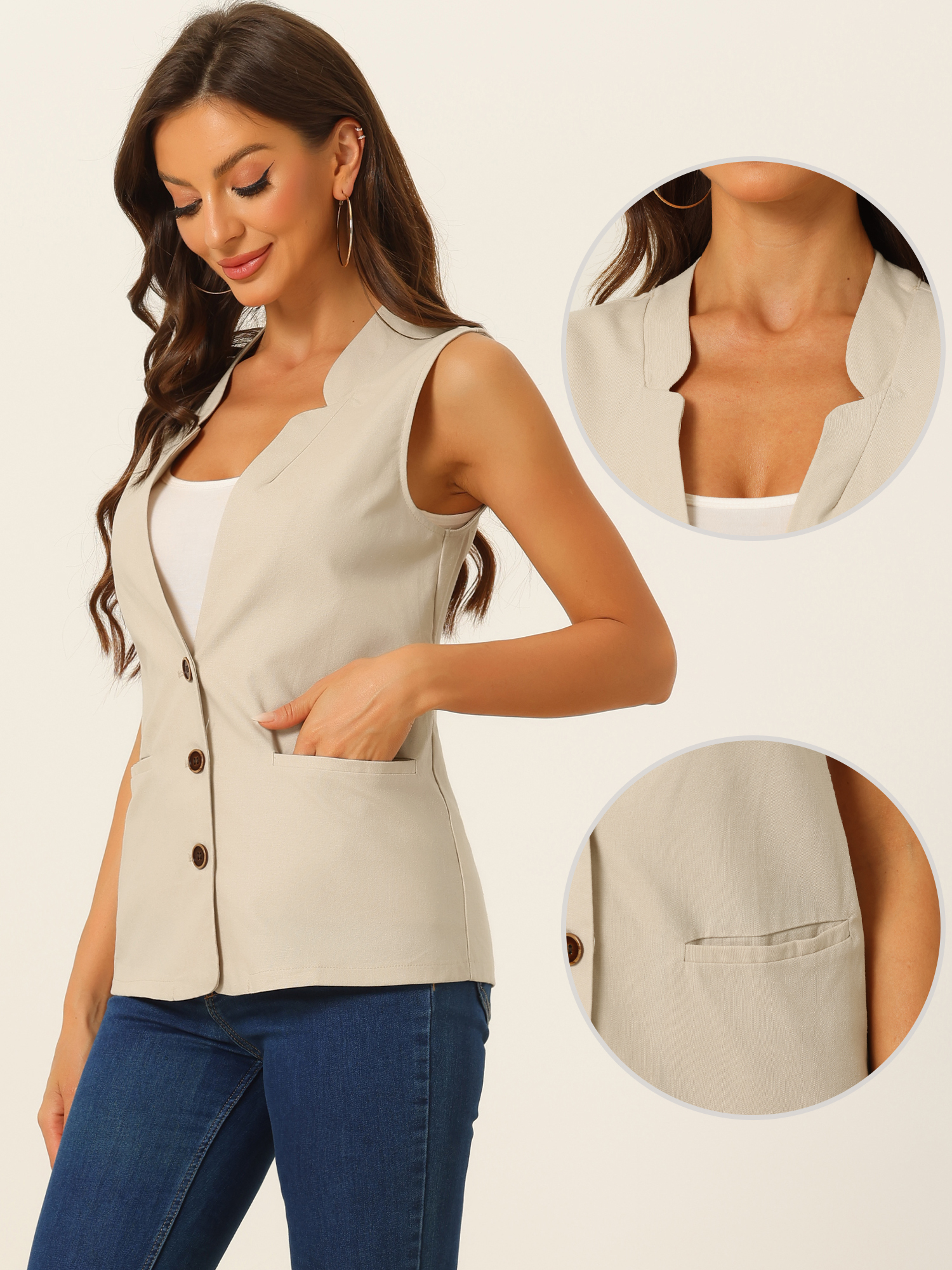 DARING DIVA Women's Cotton Linen V Neck Button Down Jacket Vest S Beige