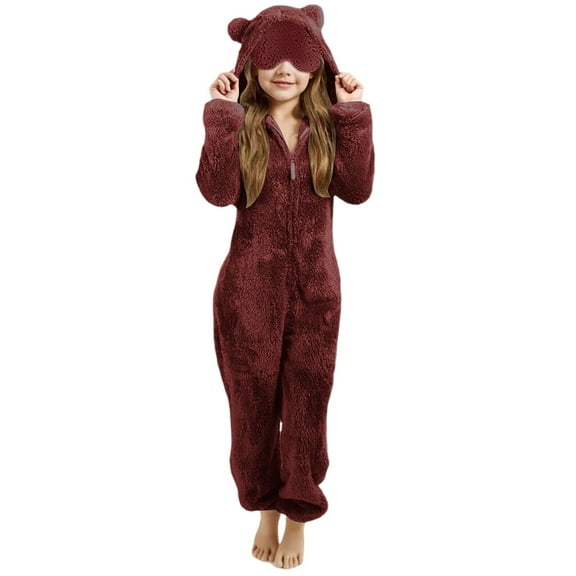 YunPes Kids Fleece Onesie for Girls Long Sleeve Zip-Front Plush Animal Jumpsuit Fuzzy Furry Sherpa Suits Cute Bear Hooded Romper