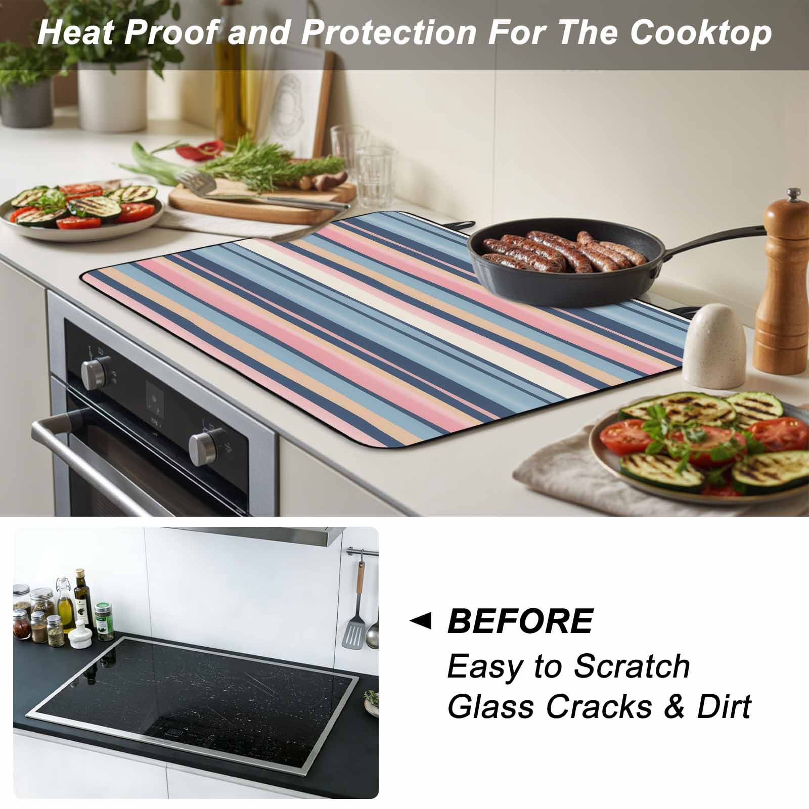 Blue Pink Striped Stove Top Cover for Electric Stove, Heat-proof & Non Slip Glass Top Stove Cover Protector, Farmhouse Vintage Stripe Kitchen Flat Cooktop Rubber Mat 24x21 Inches