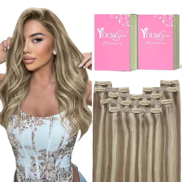 Extensiones de clip YoungSee Extensiones de cabello con clip resaltado Cabello humano marrón con reflejos rubios Extensiones de cabello con clip suave Extensiones de cabello humano real Extensiones de