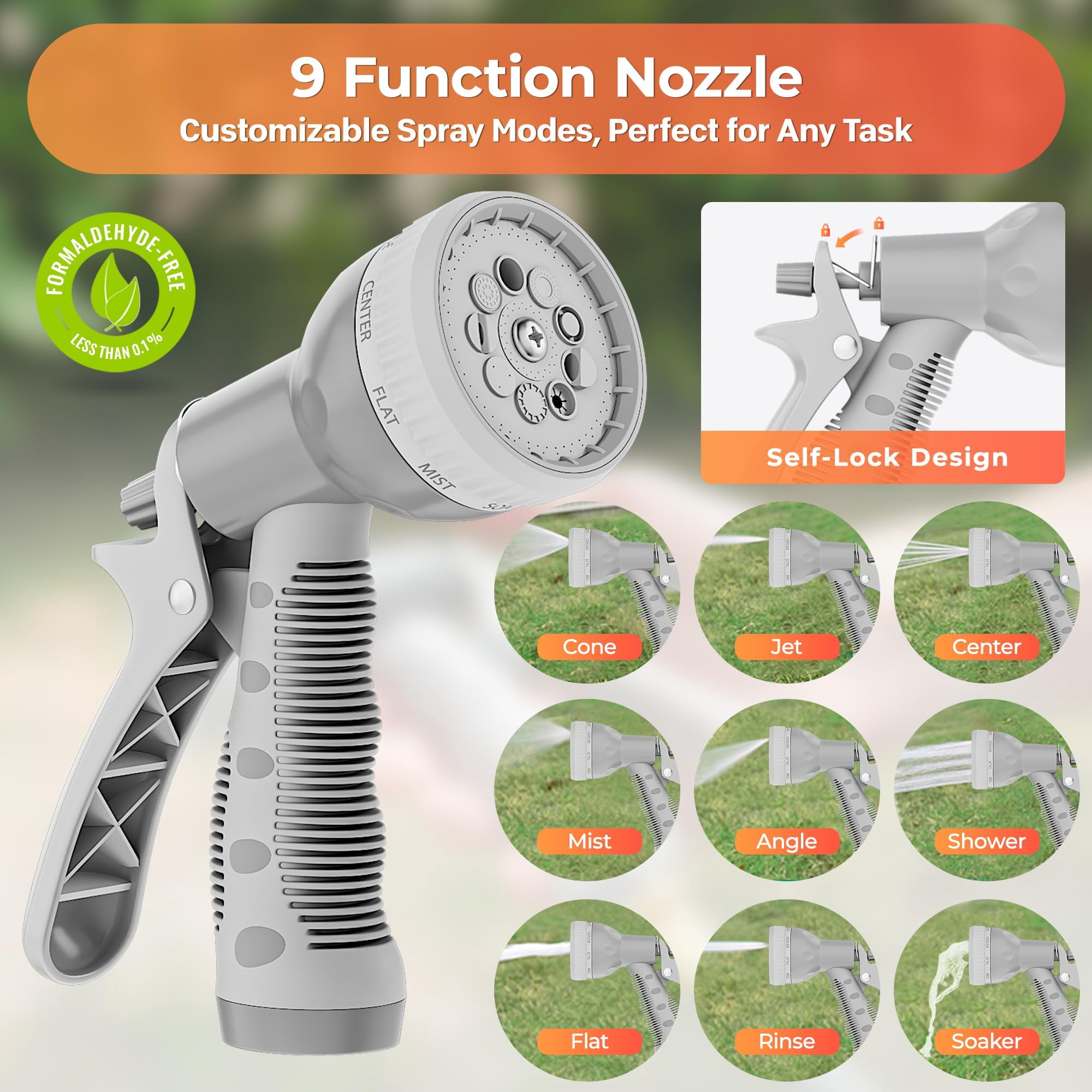 Retractable Garden Hose Reel 1/2 In X 65 Ft Wall Mounted  With 9- Function Sprayer Nozzle Any Length Lock/slow Return System/wall Mounted/180°swivel Bracket (gray)