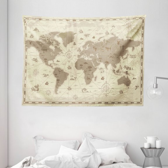 Map Tapestry, Aged Retro Styled Map of the World with Mountains Fantasy Monsters and Compass, Wall Hanging for Bedroom Living Room Dorm Decor, 80W X 60L Inches, Sepia Pale Yellow, by Ambesonne