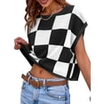thumbnail image 3 of Color Block Plaid Print Cap Sleeve Women Casual Knit Sweater Vest Crop Tops, 3 of 5