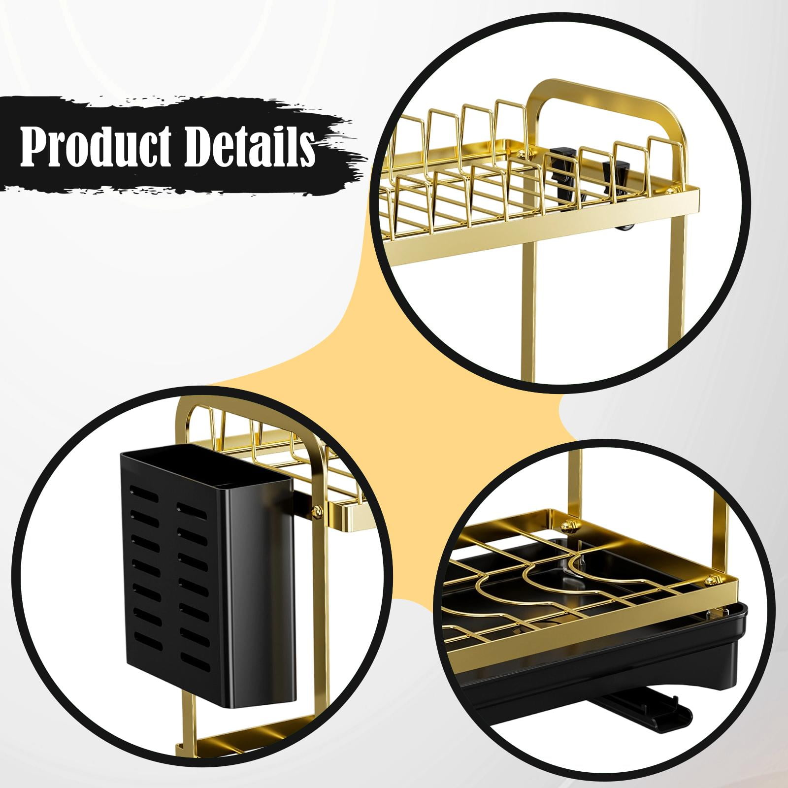 Fiocias 2 Layer Kitchen Dish Drying Rack Space Saving Carbon Steel Drainer with Tray for Gold