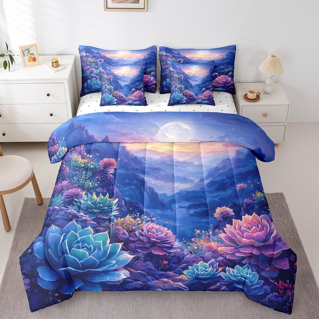 Succulent Bedding Set Kids Natural Landscape Print Comforter 7 Pieces King for Room Decorative Watercolor Succulent Pattern Bed In A Bag Moon And Mountain Decor Sheet Set