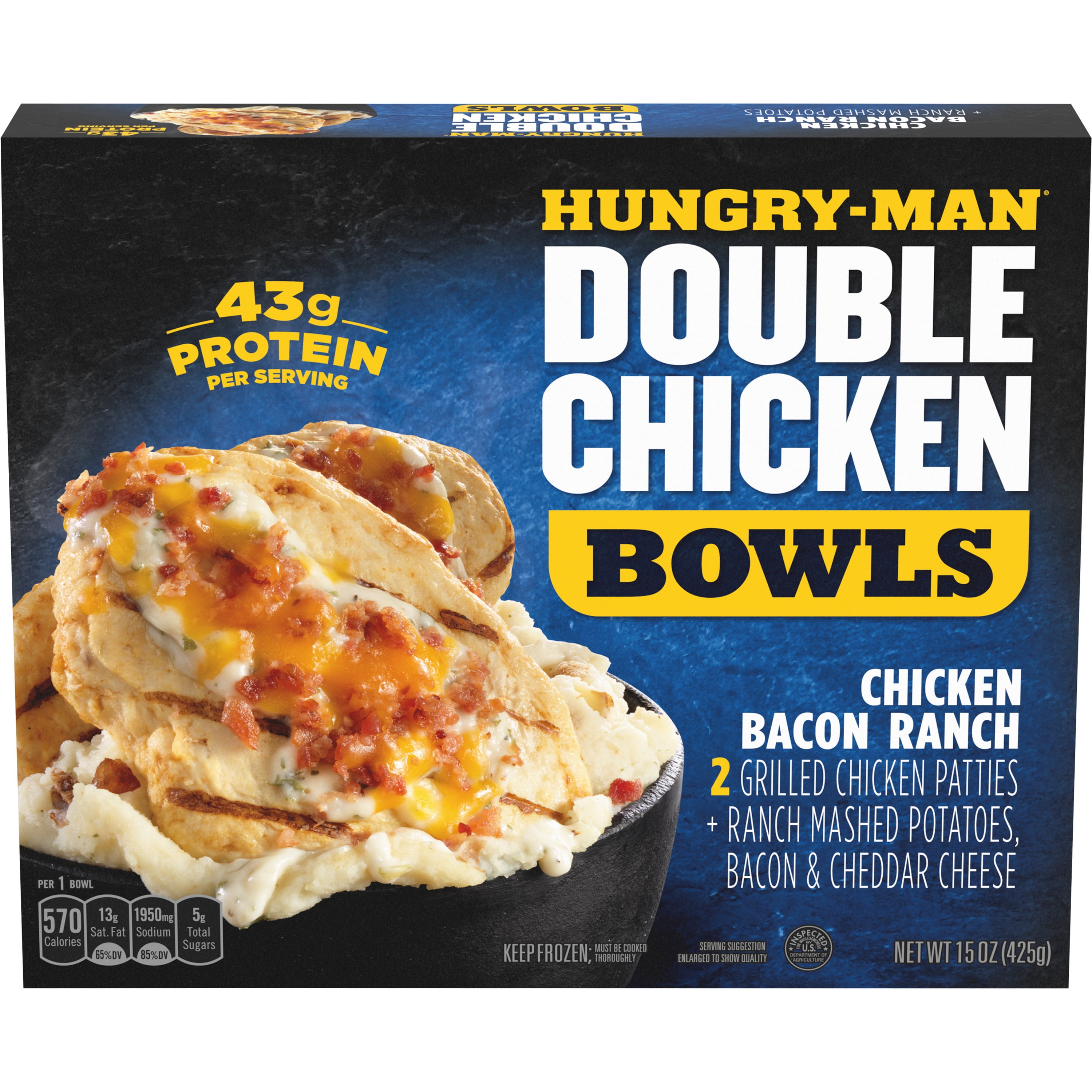 Hungry-Man Double Chicken Bacon Ranch Bowls With Mashed Potatoes, Frozen, 15 oz