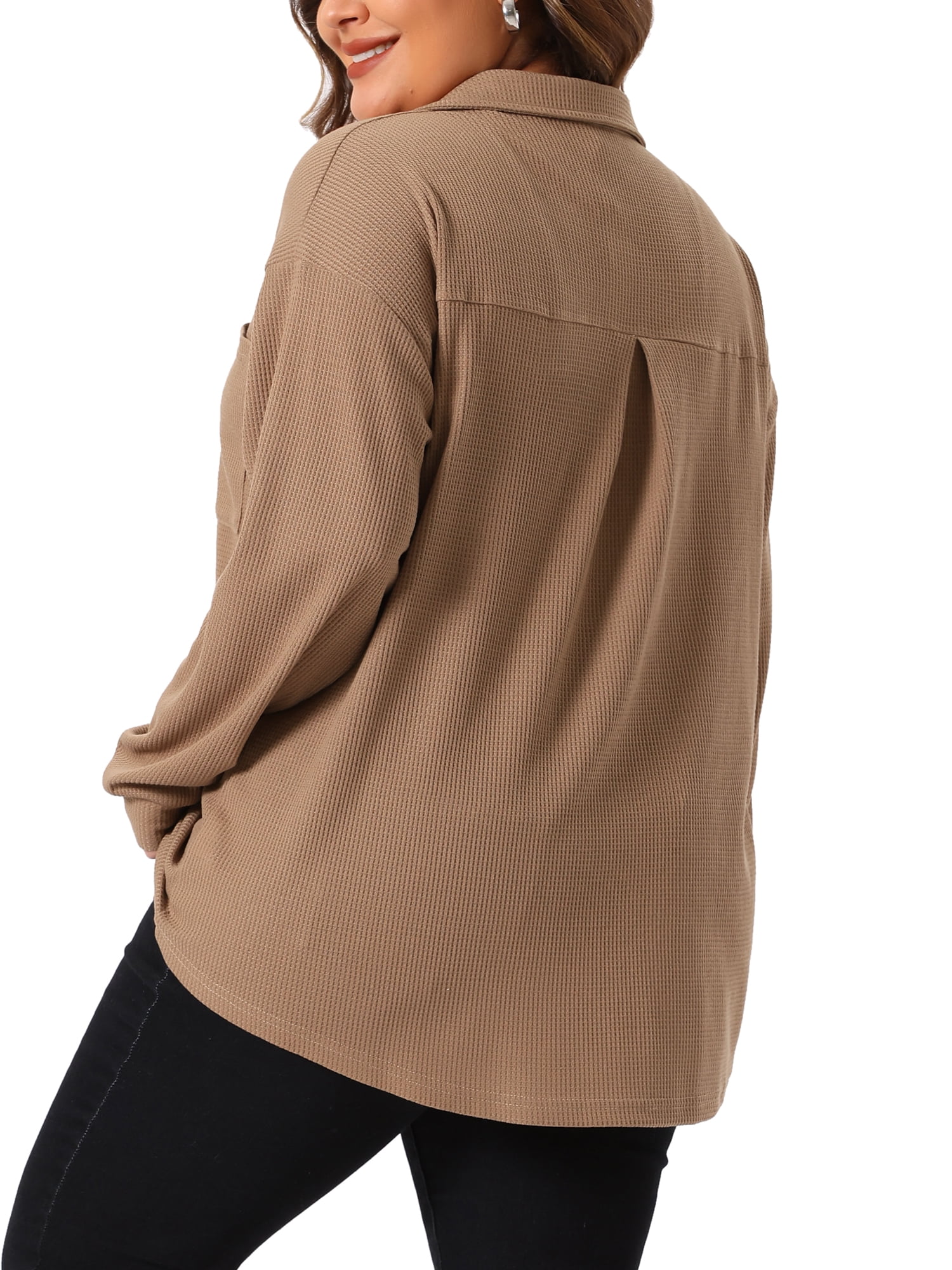 DARING DIVA Plus Size Waffle Knit Shirt Long Sleeve Button Down Jacket 1X Brown