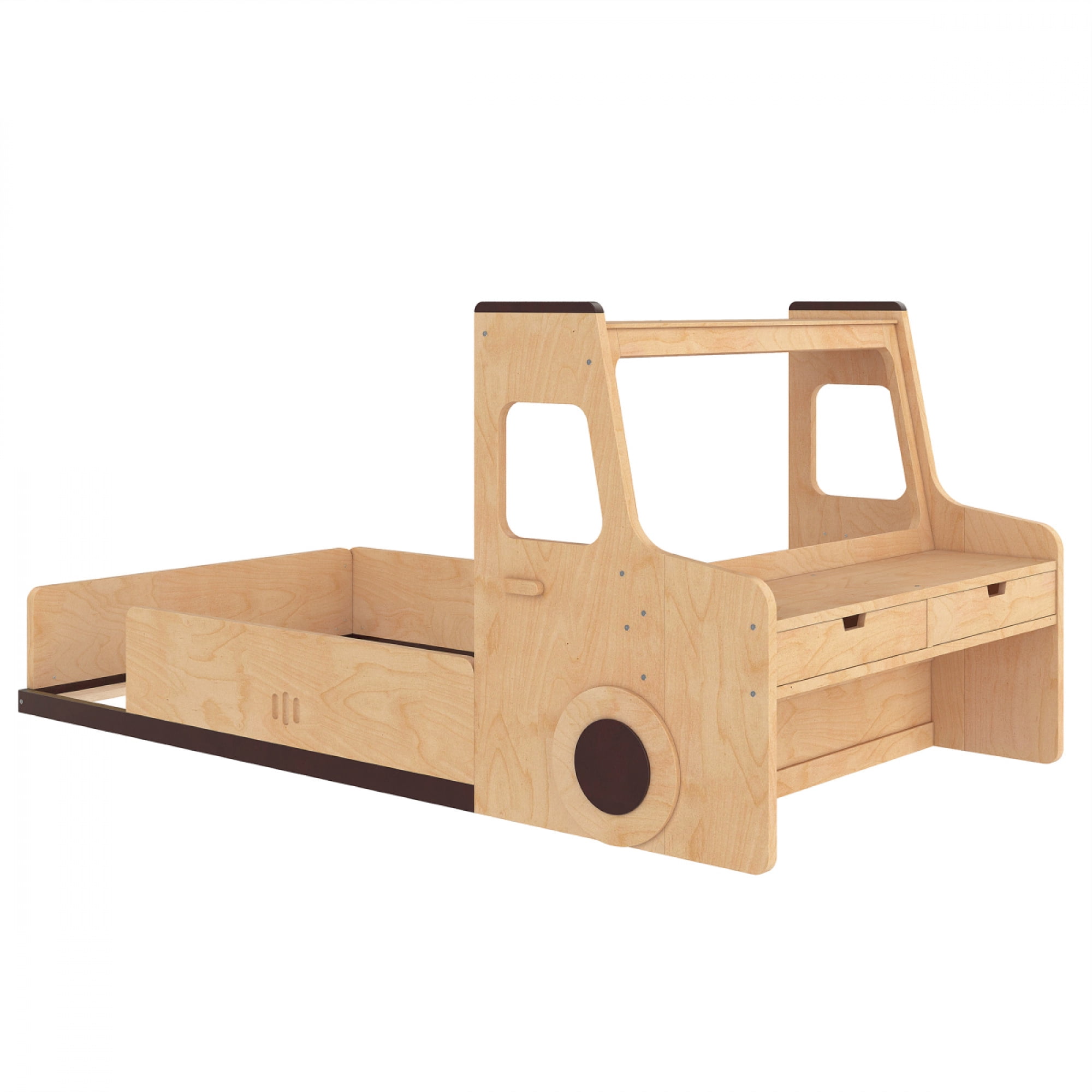Twin Size Car-Shaped Floor Bed - with Storage Drawers, Window & Desk for Bedroom,Natural