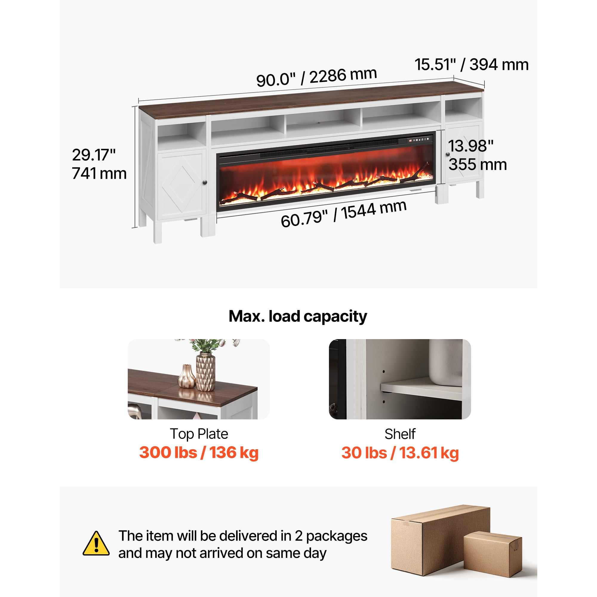 KFFKFF Farmhouse Fireplace TV Stand for TVs up to 100 Inches, Entertainment Center with 60-Inch Electric Fireplace & Storage Drawers, Remote-Controlled, White Finish