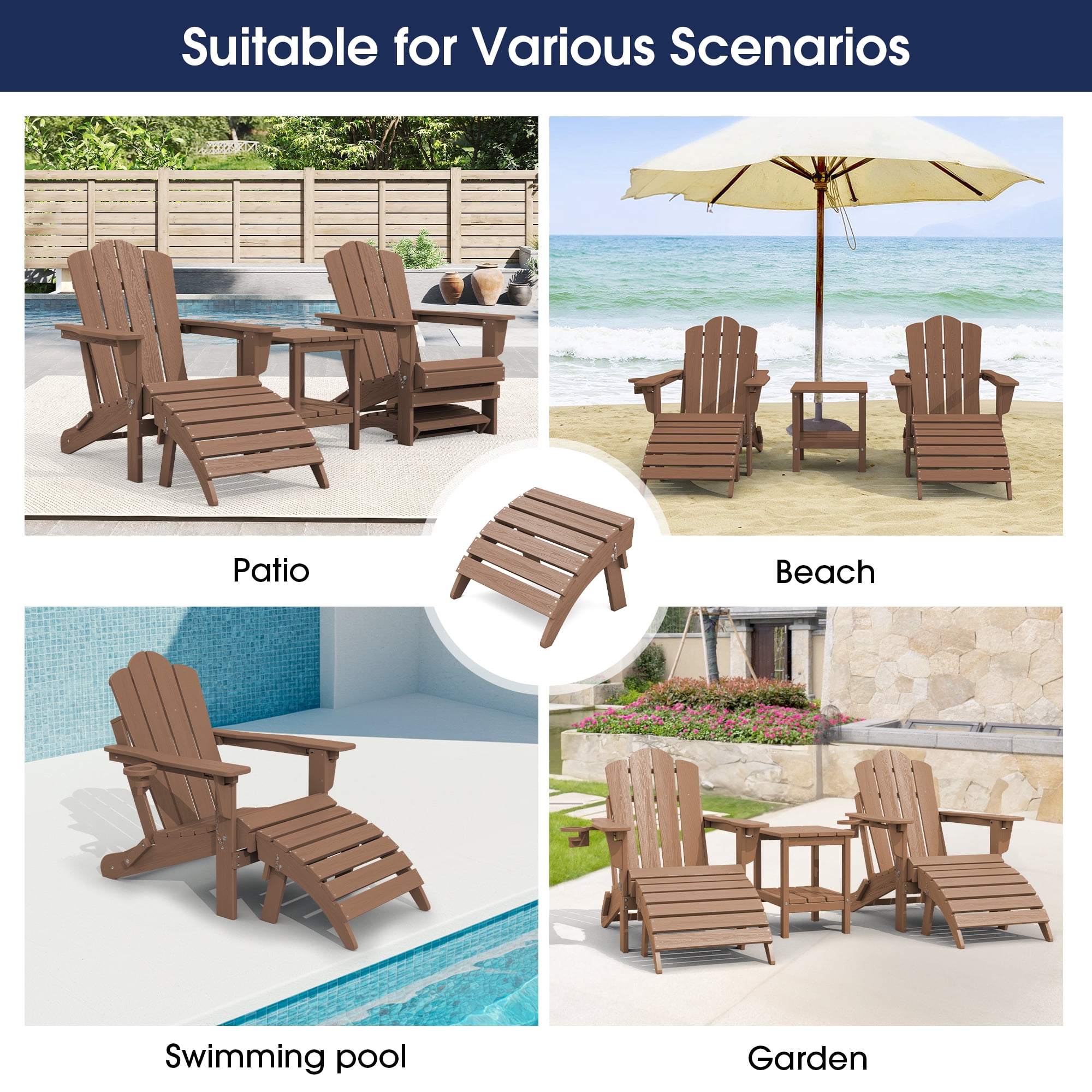 KINGYES Folding Adirondack Ottoman Set of 2, HDPE Outdoor Foot Rest, Plastic Adirondack Footstool for Adirondack Chairs, Brown