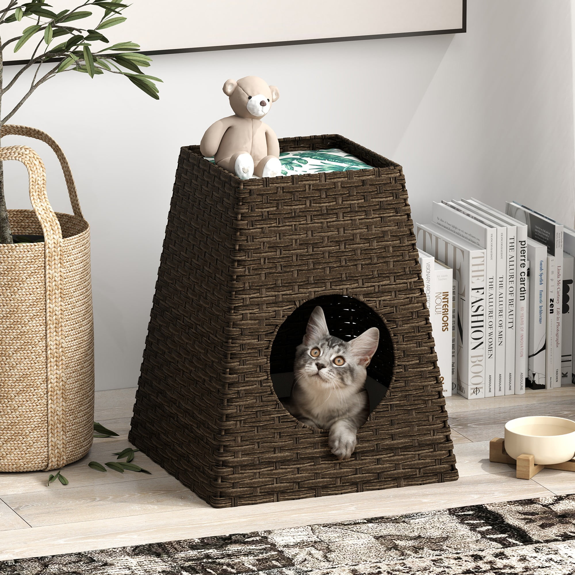 Pefilos 22" Cat Litter Box Enclosure with Cotton Linen Mat, Hidden Washroom Handwoven Rattan Cat House Furniture for Living Room, Bedroom, Brown Pefilos 22" Cat Litter Box Enclosure with Cotton Linen Mat, Hidden Washroom Handwoven Rattan Cat House Furniture for Living Room, Bedroom, Brown