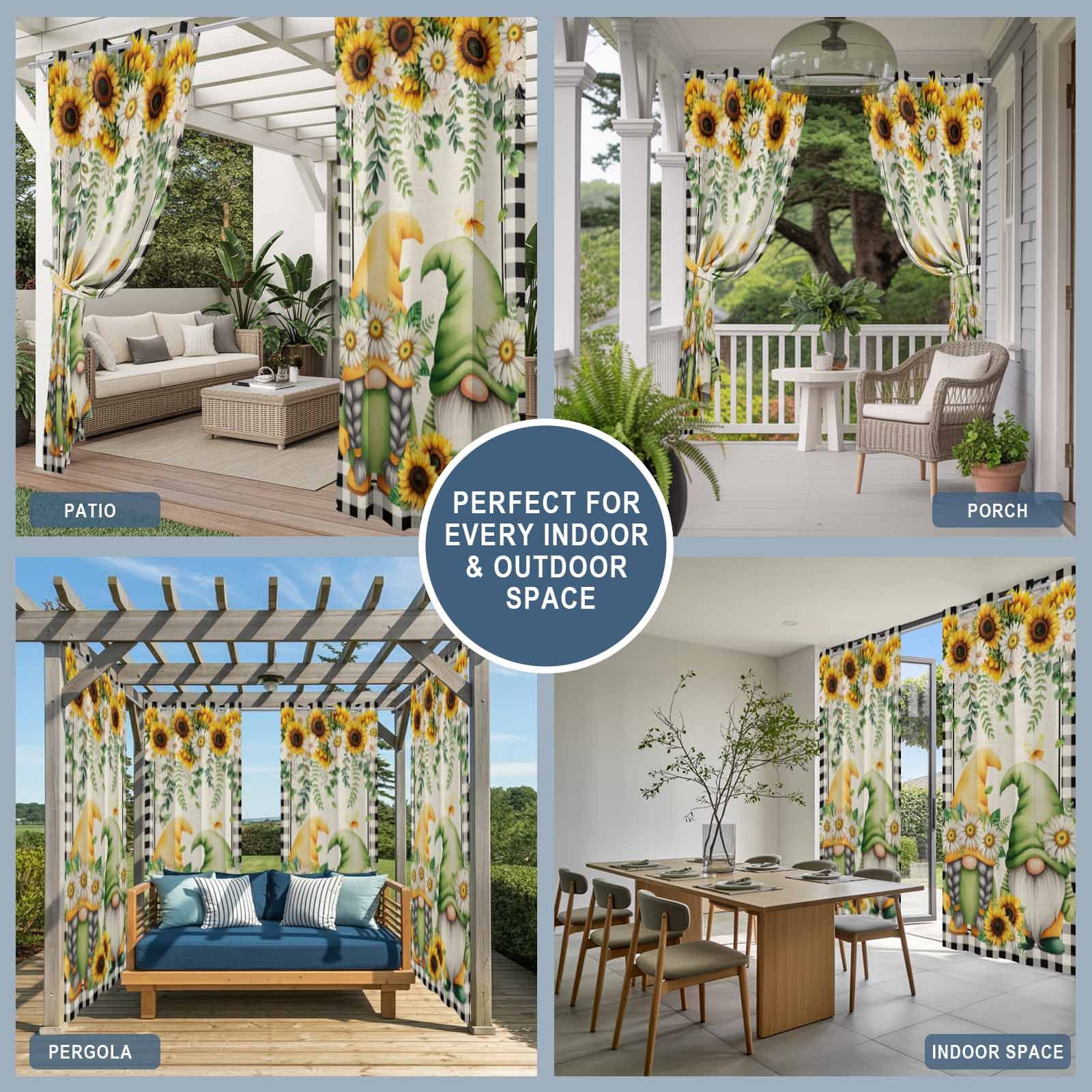 2 Panels Outdoor Curtains for Patio Waterproof 54"x84" Sunflower Gnomes Weatherproof Privacy Outsides Curtains, Spring Farmhouse Vintage Daisy Floral Leaf Grommet Thermal Drapes for Cabana Porch