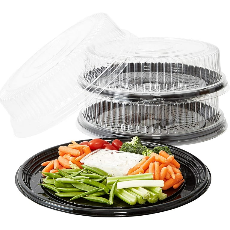 Avant Grub Heavy Duty, Recyclable 12 in. Serving Tray and Lid 3pk. Large,  Black Plastic Party Platters with Clear Lids Dishware Plate, Elegant Round  Banquet or Catering Trays for