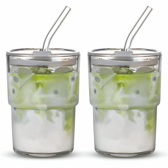 LAMIRO 2 Pack 13Oz/400Ml Tumbler Water Glass, Water Bottle with Straw and Dustproof Lid, Coffee Ice Cup Double Wall Insulated Glass Cup (Clear Iced Coffee Cup)