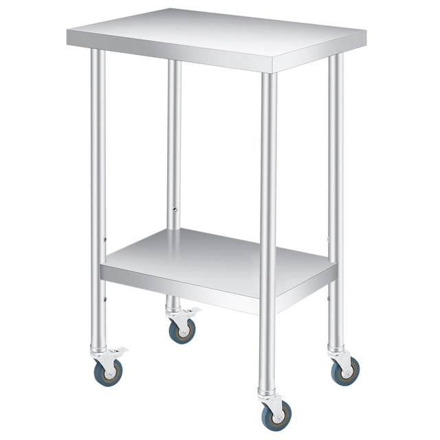 Table d'Appoint de Patio en Acier Inoxydable, Table de Travail Extérieure Robuste à 2 Niveaux avec Tablette Inférieure Ajustable, Table Utilitaire à Roues Verrouillables pour Jardin, Cuisine et Atelier