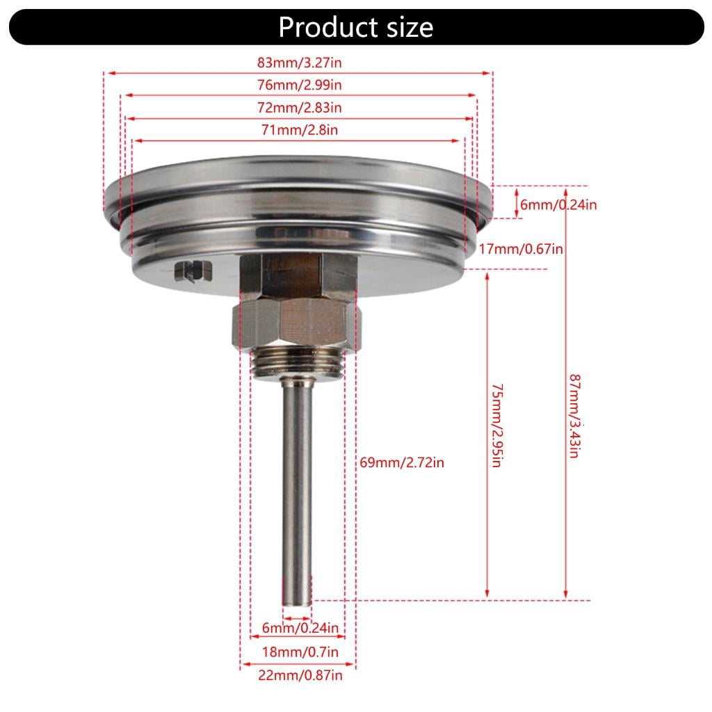 Round Dials Temperature Test Meter Stainless Steel 50-550℉ Oven Thermometers 1/2NPT Thread Mount Temp Gauge for Grill