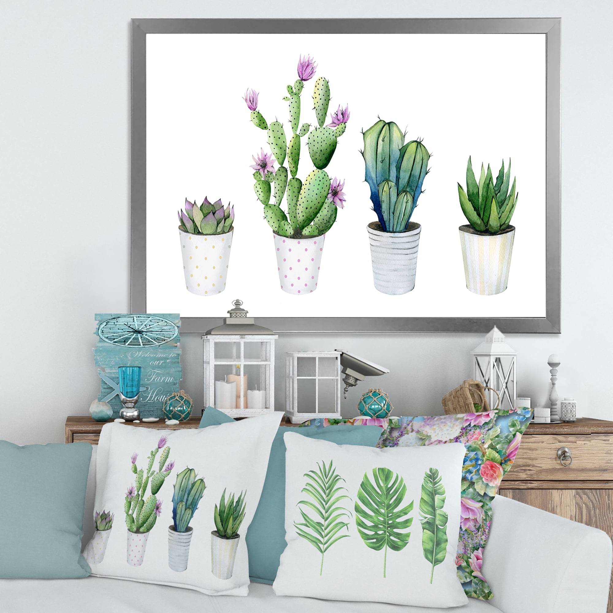 Designart 'Aloe Vera Cactus Succulent Home Plants In The Pots' Farmhouse Framed Art Print