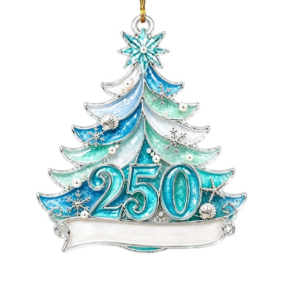 Aximioll 250th Anniversary Christmas Tree Ornament, 2D Acrylic Hanging Ornament, Blue Ocean Style Tree Shape Charm, Keepsake Souvenir Decor for Xmas Tree Home Holiday Party Decoration