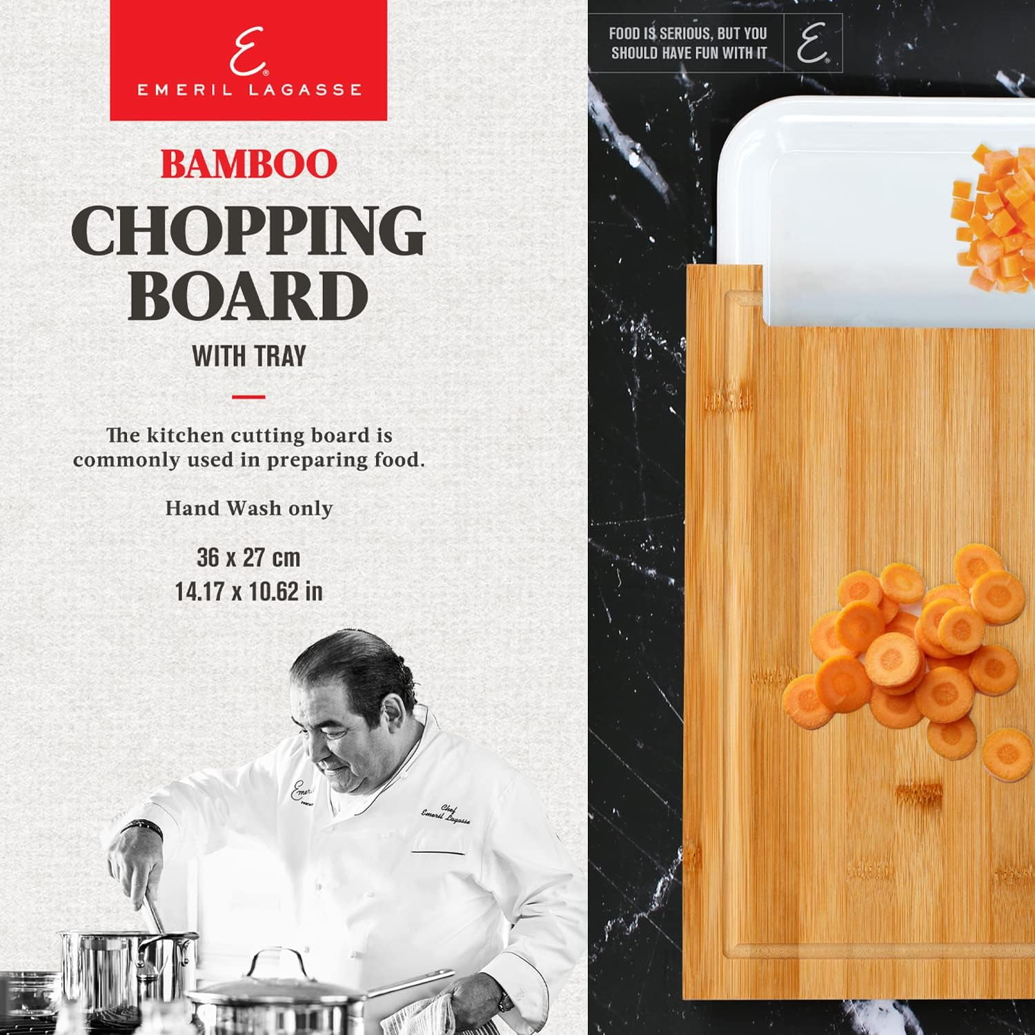 Emeril Lagasse Bamboo Cutting Board with Tray – Multifunction Wood Cutting Board with Pull-Out Container, Juice Groove, Anti-Skid Design, Kitchen Gift Idea