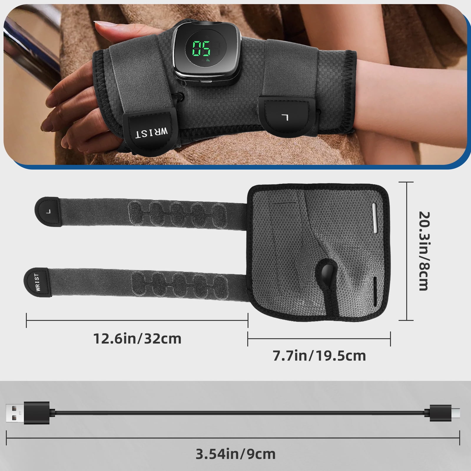 Wrist Heating Pad, Cordless Heated Wrap Brace, Heated Wrist Wrap with 3 Heat Levels, Hand Heating Pad, Hand Brace for Support,Gifts for Family, Travel Left Hand(Gray)