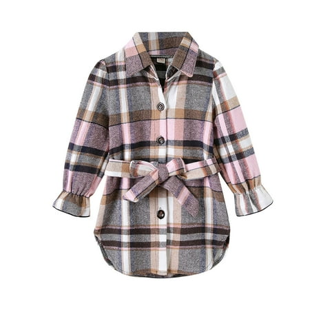 

Fashion Kids Girls Dress Boys Fleece Flannel Shirts Jacket Plaid Printed Long Sleeve Single Coats With Belt