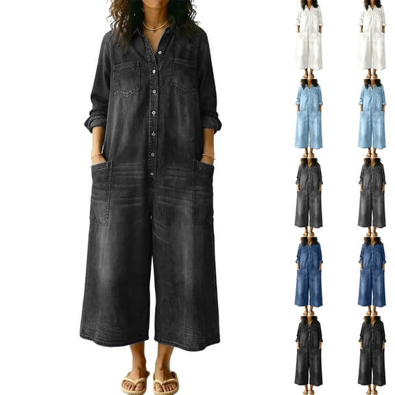 Women's Casual Loose Short-Sleeved Denim Jumpsuit, Womens Washed Dark Denim Pocket Button Down Jumpsuit Elegant Wide Leg Jumpsuit Jumpsuit Beach Palazzo Pants One Piece Jumpsuit 2026 Black L