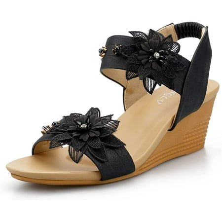 

Womens Wedge Sandals Rhinestone Elastic Ankle Strap Chunky High Heel Open Toe Elegant Platforms Shoes