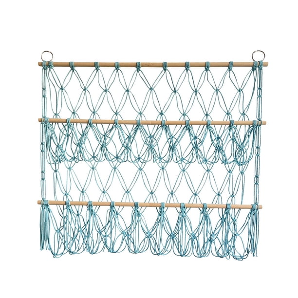 Hamaca de malla para juguetes de peluche con borlas, estilo bohemio, para ahorrar espacio azul