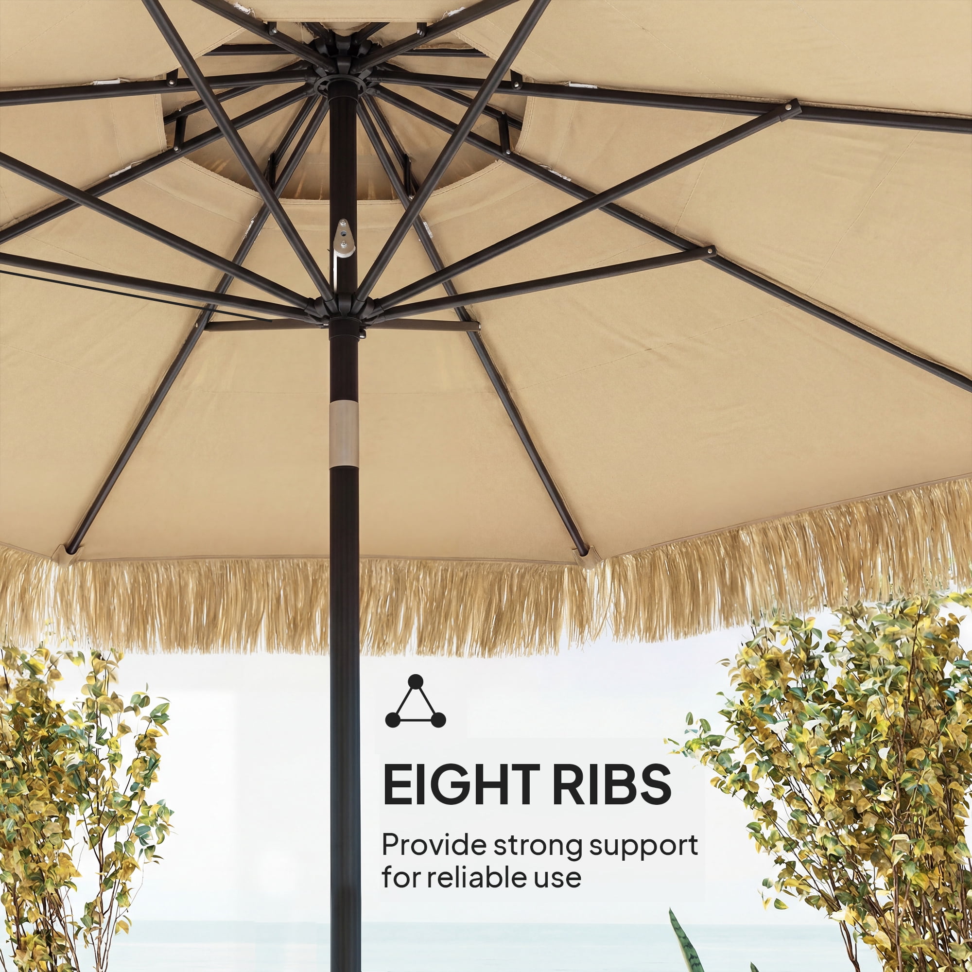Outsunny 8.5 FT Hula Thatched Tiki Patio Umbrella, 2-Tier Tropical Hawaiian Style Outdoor Umbrella with 8 Ribs, UPF30+, for Garden, Backyard, Khaki