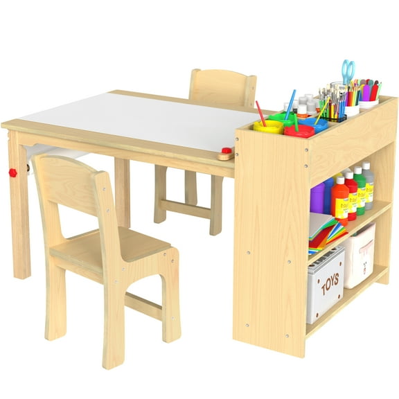 GDLF Kids Art Table and Chairs Set Craft Table with Large Storage Shelves Drawing Desk, Made of Plywood