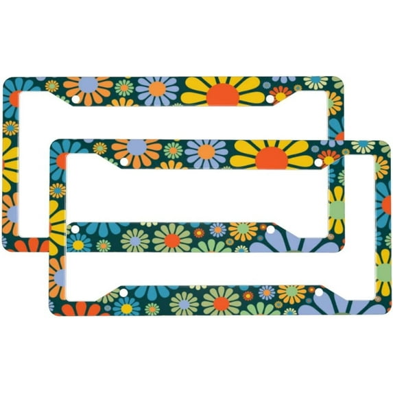 Abstract Hippie Flower License Plate Frame - 2 Pcs Set Novelty License Plate Aluminum Metal Personalized License Plates Auto Car Tag for US Canada Standard Size 6.3" X 12.3" with 4 Holes and Screws