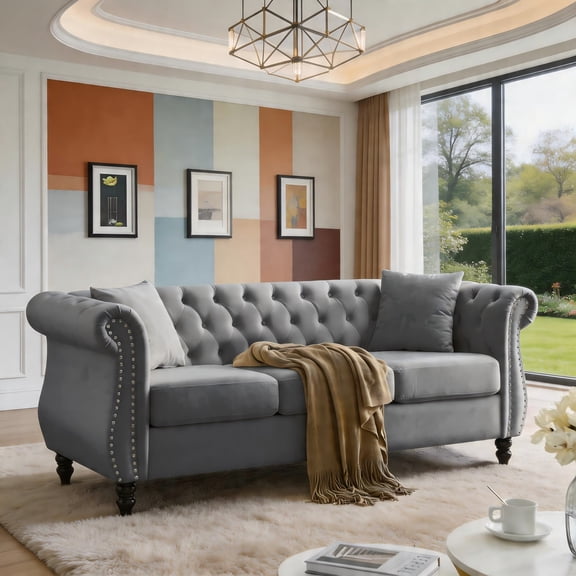Sailvan 80" Chesterfield Velvet Sofa, 3 Seater Tufted Couch with Nailhead Trim and Rolled Arms Grey