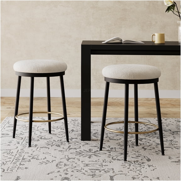 JERFIT Modern Velvet Counter Stools Set of 2, Backless Bar Stools with Footrest for Kitchen Island, Dining Room, Living Room, White & Gold Accent