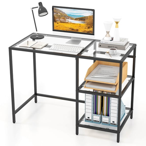 Costway Computer Desk with Shelves, 42” Home Office Desk with Metal Frame for Living Room Black
