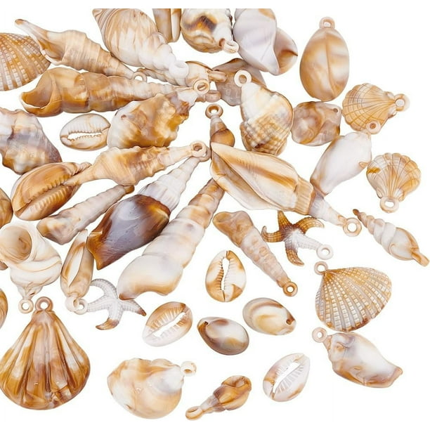 44 colgantes de conchas acrílicas con forma de vieira, imitaciones de conchas marinas de playa, colgantes de conchas de verano con orificio de 2 mm