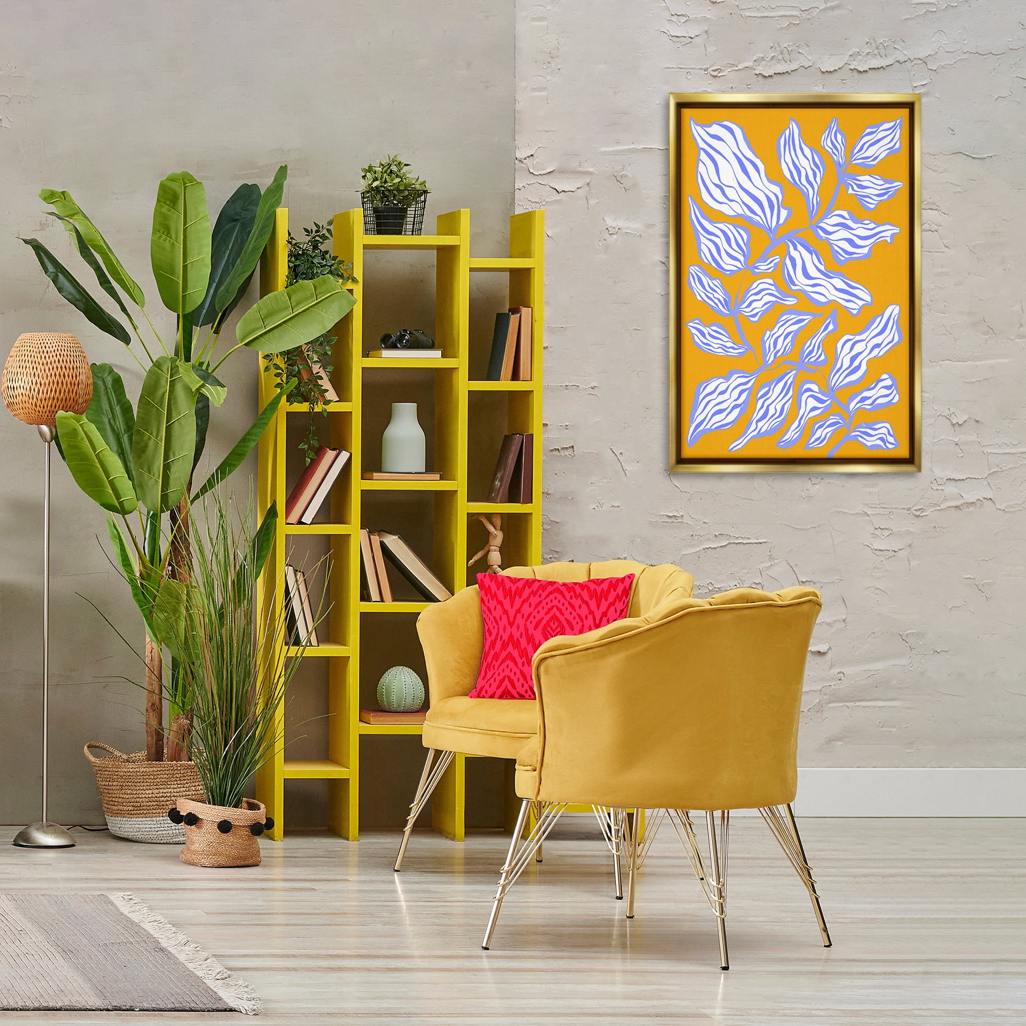 Stupell Industries Leaves on Orange Botanical & Floral Painting Gold Floater Framed Art Print Wall Art, 21 x 31
