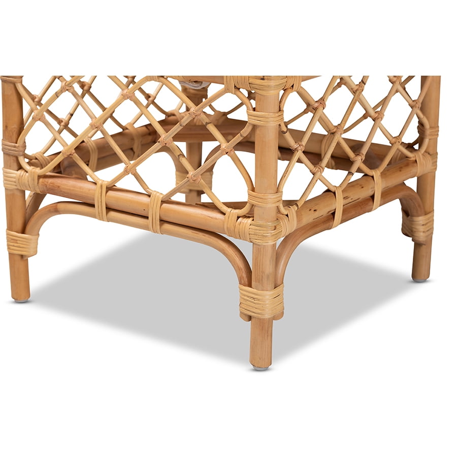 Baxton Studio Orchard Modern Bohemian White Fabric Upholstered and Natural Brown Rattan Ottoman