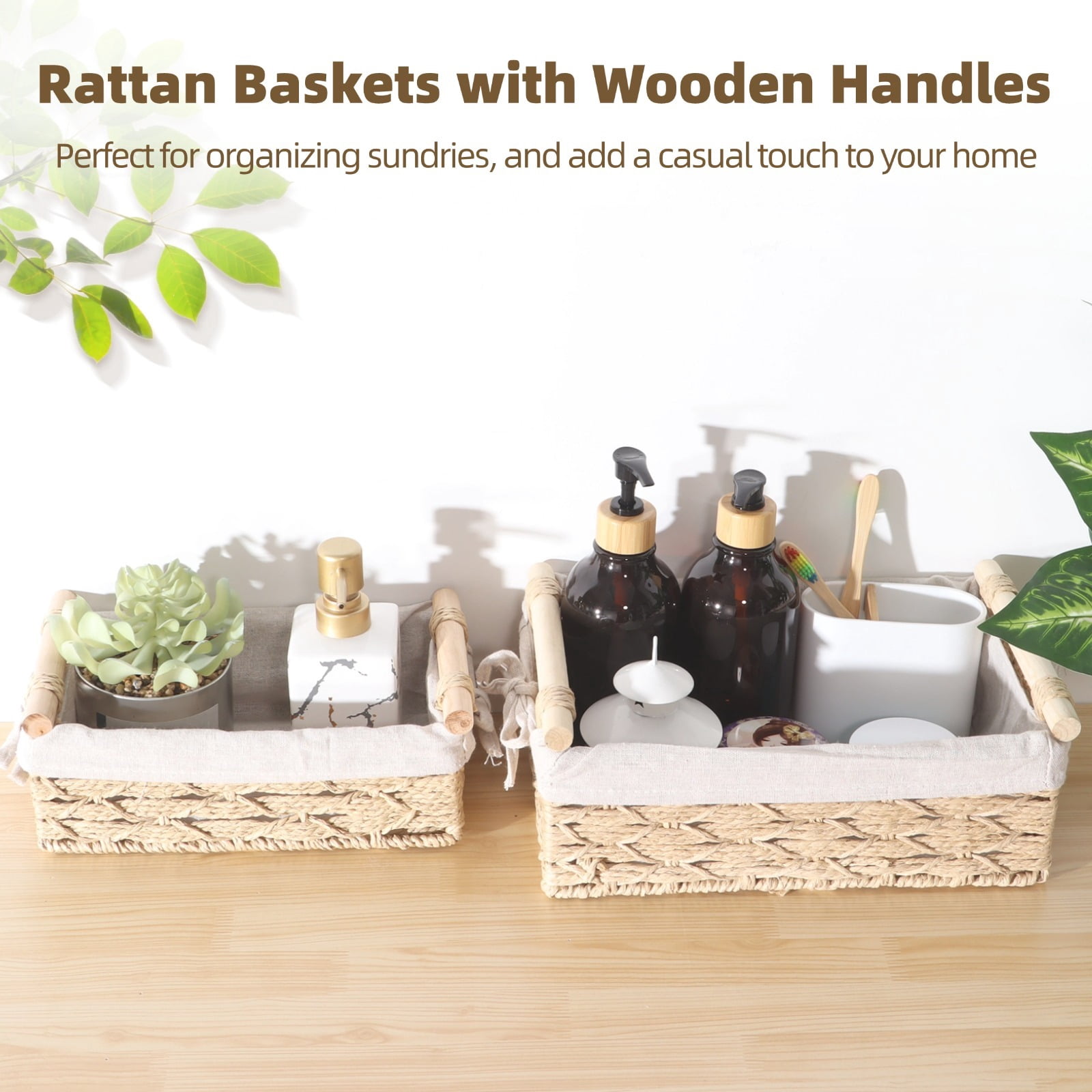 2 PCS Wicker Storage Baskets with Wood Handles, Rattan Basket Organizer for Shelves, Decorative Rectangle Wicker Basket, Organizing Basket for Bathroom, Storage Basket for Countertop