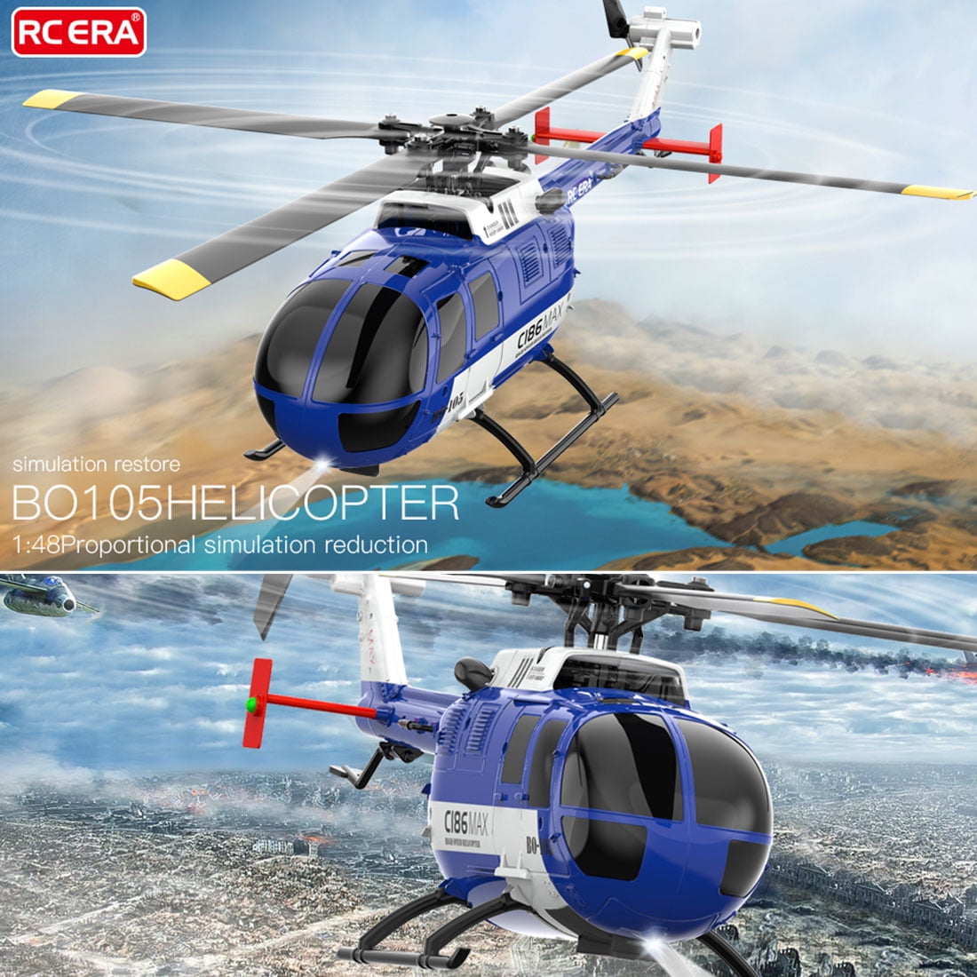 RC ERA C186MAX BO105 1:48 RC Helicopter, 2.4GHz 4CH Single Flybarless Direct-Drive 6-Axis Gyro Aircraft Toy with Optical Flow / Low Voltage Alarm -RTF Total Control for Adults