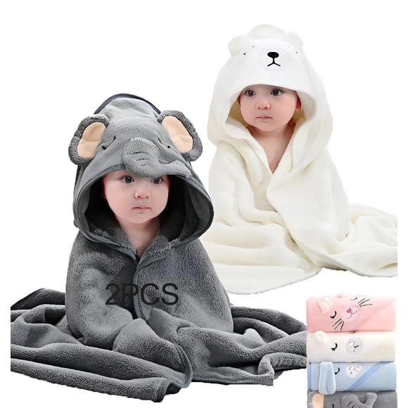 2pcs Toalla De Baño Bebé Con Capucha Animales Manta Suave Modelo Gris y Blanco