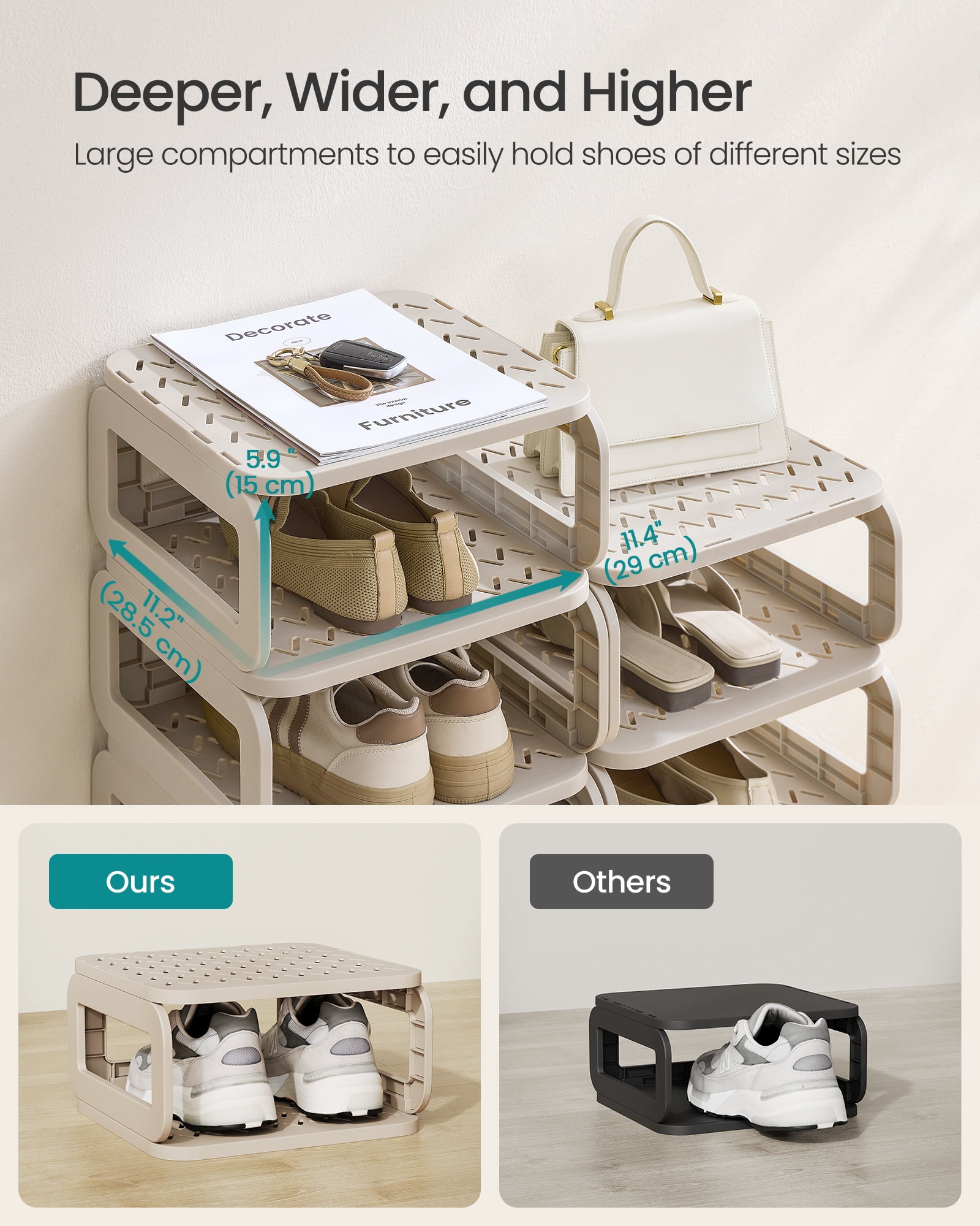 Shoe Rack, Shoe Organizer, 12 Shelves, Shoe Storage, Narrow Shoe Shelf, Open Shelf for Entryway, Living Room, Space-Saving, Cappuccino Beige