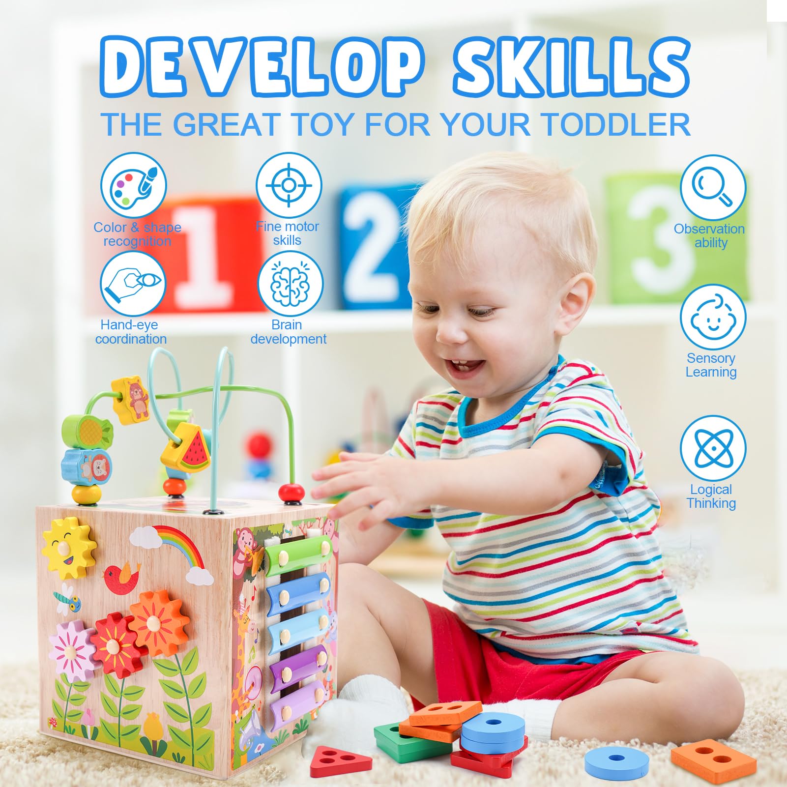 Wooden Activity Cube | Montessori Toys for 1 2 3 Year Old Toddlers | One Year Old 1st 2st First Birthday Gift | Educational Toys for 12+ Months Baby Boys Girls | Bonus Sorting & Stacking Game (Blue)