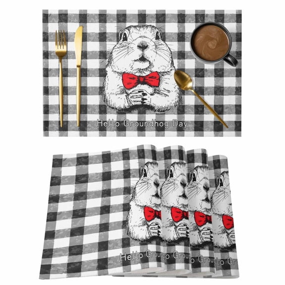 Groundhog Day Placemats Set of 8, Red Bow Knot Black Checkered Placemats for Dining Table, Place Mats for Kitchen Tabletop, Waterproof Wipeable Dining Table Mats Set