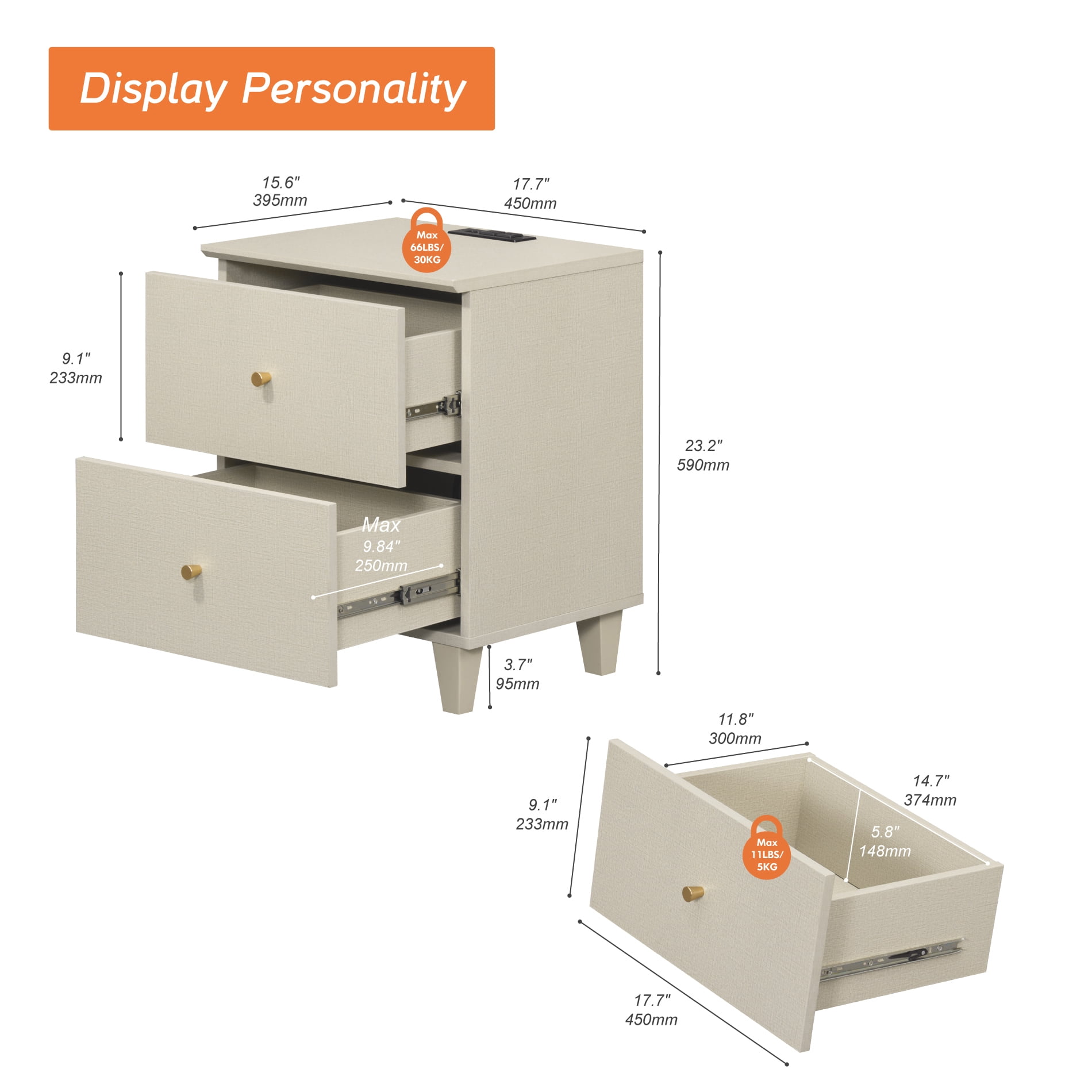 WAMPAT Dresser and Nightstand Set of 2, Wood Dresser with 6 Drawers, Nightstand with Charging Stations for Living Room, Beige Linen Printed