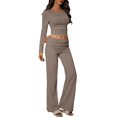 thumbnail image 2 of Active Sets for Women Workout Set Matching Workout Sets for Women Women's Workout 2 Piece Lounge Sets Long Sleeve Tops Foldover Flare Pants Casual Outfits Tracksuit, Light Brown-S, 2 of 4