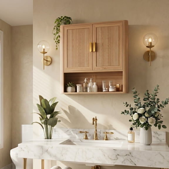 Bathroom Storage Cabinet with Adjustable Shelves, Over The Toilet Organizer for Laundry Room, Kitchen & Living Room, Medicine Cabinet with Wood Doors Natural Wood