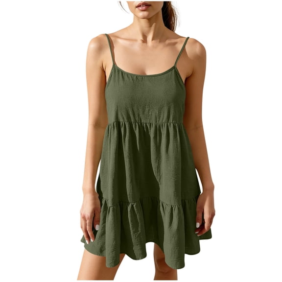 Summer Linen Dresses for Women Backless Cami Dress Spaghetti Strap Babydoll Tiered Aline Sundress Army Green, S