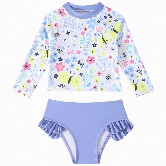 mgoYE 4t 5t Swimsuit Girls Toddler Girls Long Sleeve Swimsuit 2 Piece Rashguard Set Sun Protection Girls Bathing Suit Kids Swimwear(Purple,3-4 Years)