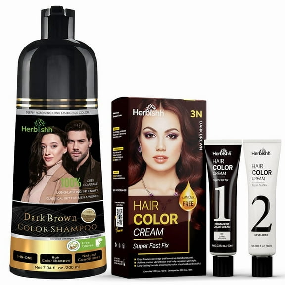 Herbishh Dark Brown Shampoo, Hair Dye Shampoo 3 in 1, 100% Grey Coverage, Demi-Permanent Hair Color for Men & Women, With Rapid Infusion Cream Combo